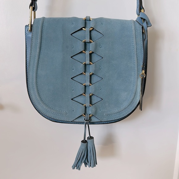 Vince Camuto “Ancel Suede Crossbody Bag” Blue Tassels Fringe - Picture 8 of 14